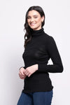 Pure Merino Rib Polo Neck Top - Black