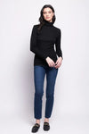 Pure Merino Rib Polo Neck Top - Black