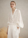 Rea Embroidered Shirred Cuff Blouse - White