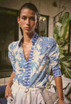 Calantha Rouched Sleeve Shirt - Azure Mosaic