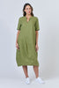 Short Sleeve Linen V Dress - Moss