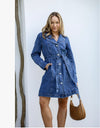 Button Cuff Tie Denim Dress