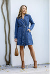 Button Cuff Tie Denim Dress